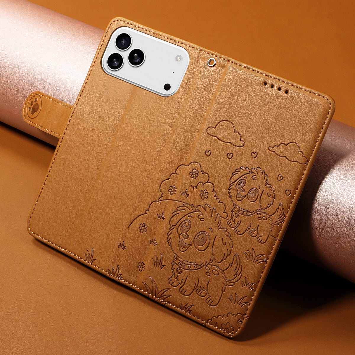 For iPhone 17 Pro Max Case RFID Blocking Imprinted Dog Pattern PU Leather Phone Cover with Wrist Strap - Brown