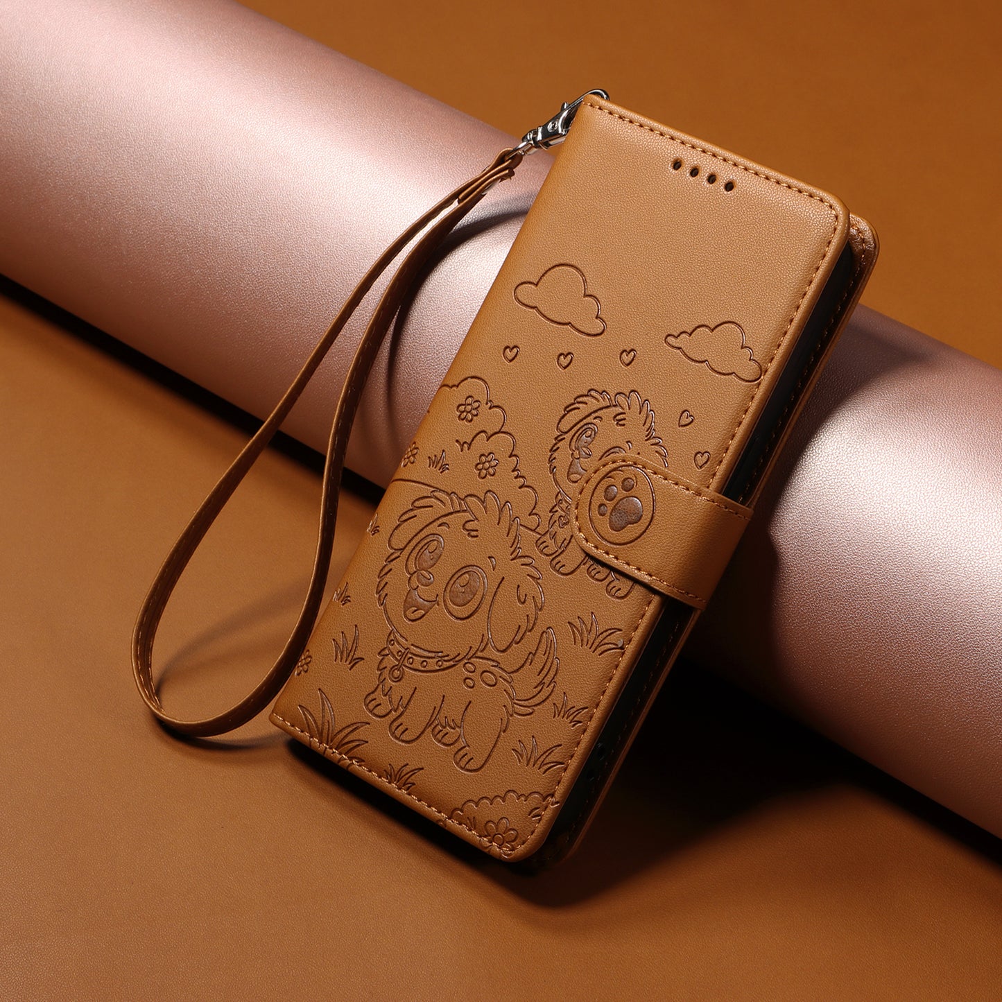 For iPhone 17 Pro Max Case RFID Blocking Imprinted Dog Pattern PU Leather Phone Cover with Wrist Strap - Brown