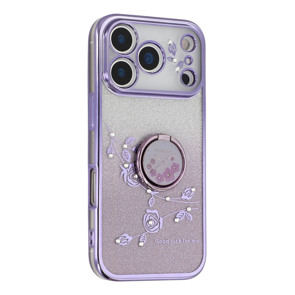 KADEM For iPhone 17 Pro Max Case Ring Kickstand TPU Flowers Phone Cover Gradient Glitter - Purple