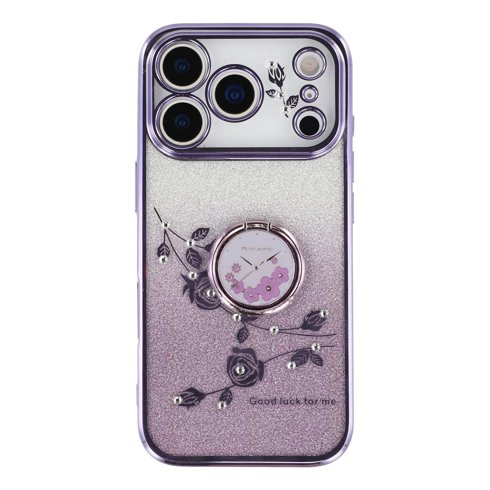 KADEM For iPhone 17 Pro Max Case Ring Kickstand TPU Flowers Phone Cover Gradient Glitter - Purple