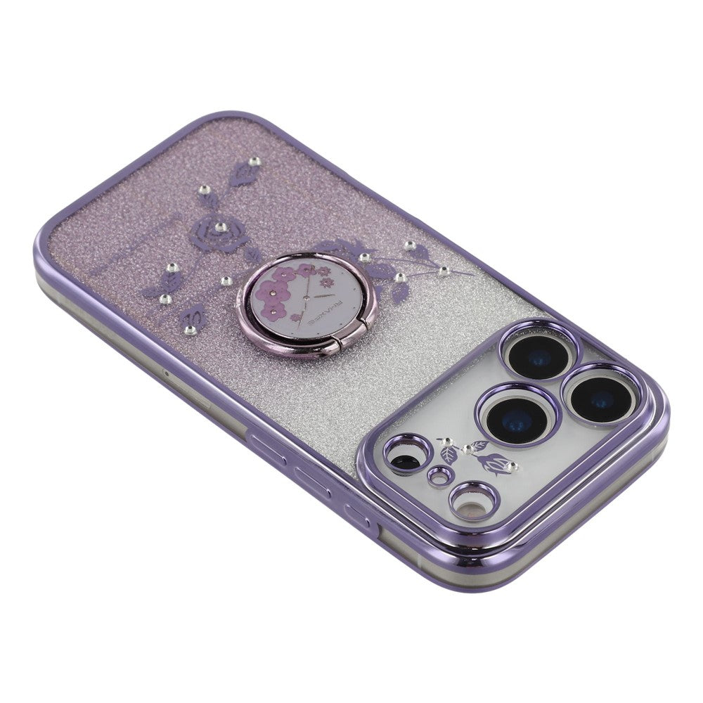 KADEM For iPhone 17 Pro Max Case Ring Kickstand TPU Flowers Phone Cover Gradient Glitter - Purple