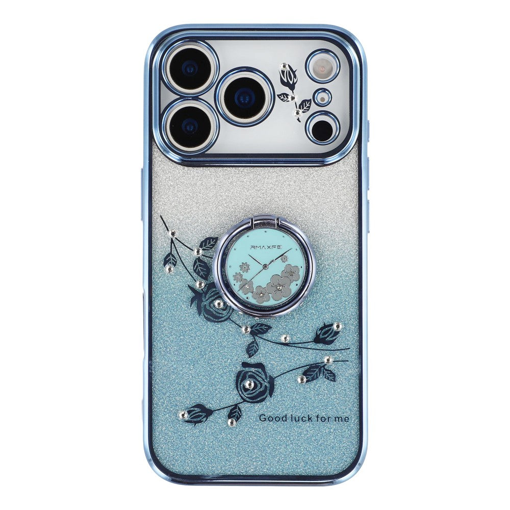 KADEM For iPhone 17 Pro Max Case Ring Kickstand TPU Flowers Phone Cover Gradient Glitter - Blue