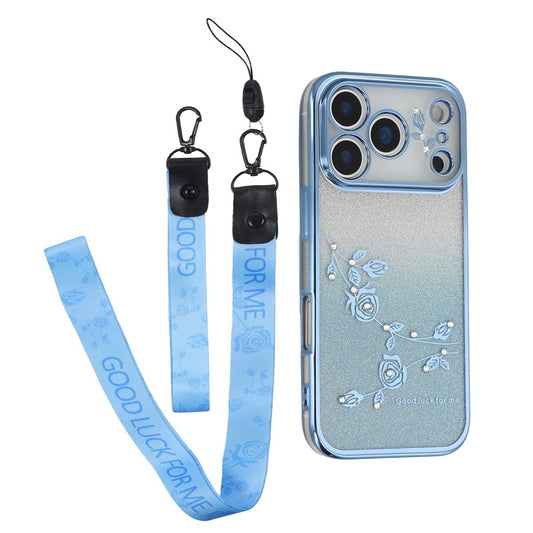 KADEM For iPhone 17 Pro Max Case Flower Pattern TPU Gradient Phone Cover with Lanyards - Blue