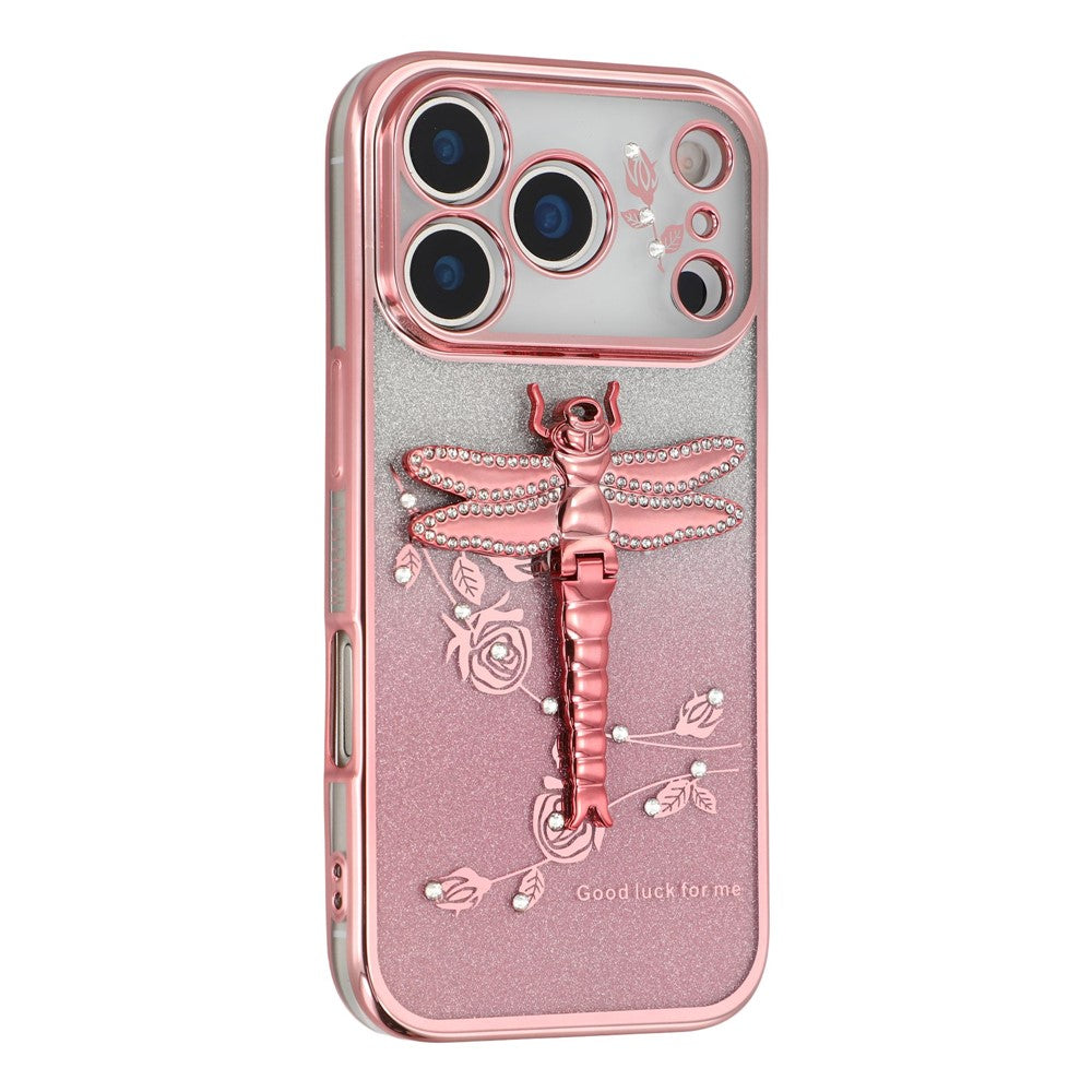 KADEM For iPhone 17 Pro Max Case Dragonfly Kickstand TPU Flowers Glitter Phone Cover - Pink