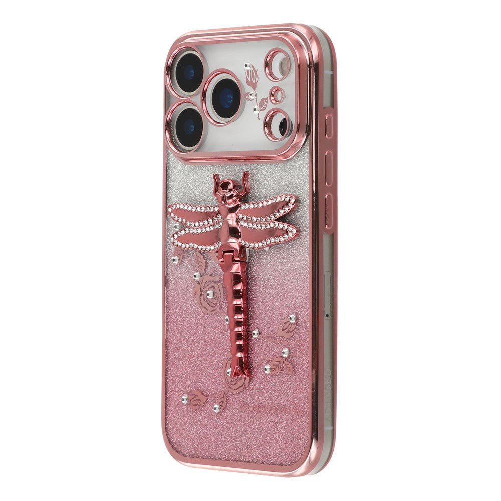 KADEM For iPhone 17 Pro Max Case Dragonfly Kickstand TPU Flowers Glitter Phone Cover - Pink