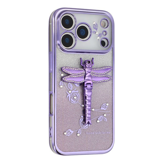 KADEM For iPhone 17 Pro Max Case Dragonfly Kickstand TPU Flowers Glitter Phone Cover - Purple