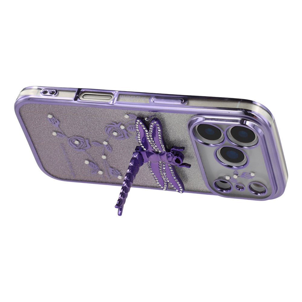 KADEM For iPhone 17 Pro Max Case Dragonfly Kickstand TPU Flowers Glitter Phone Cover - Purple