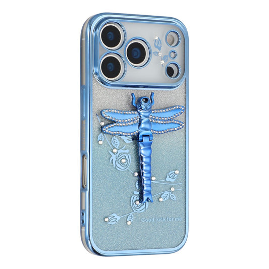 KADEM For iPhone 17 Pro Max Case Dragonfly Kickstand TPU Flowers Glitter Phone Cover - Blue