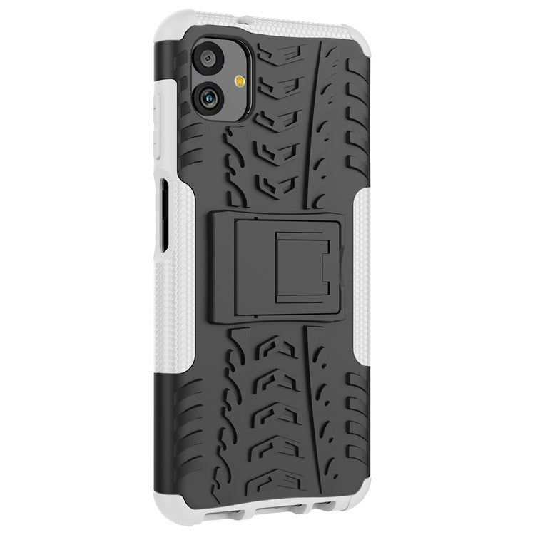 For Samsung Galaxy A04 4G (164.4 x 76.3 x 9.1 mm) / M13 5G PC+TPU Shockproof Phone Case Cool Tyre Pattern Kickstand Protective Cover - White