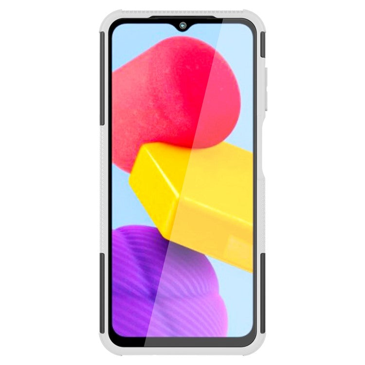 For Samsung Galaxy A04 4G (164.4 x 76.3 x 9.1 mm) / M13 5G PC+TPU Shockproof Phone Case Cool Tyre Pattern Kickstand Protective Cover - White