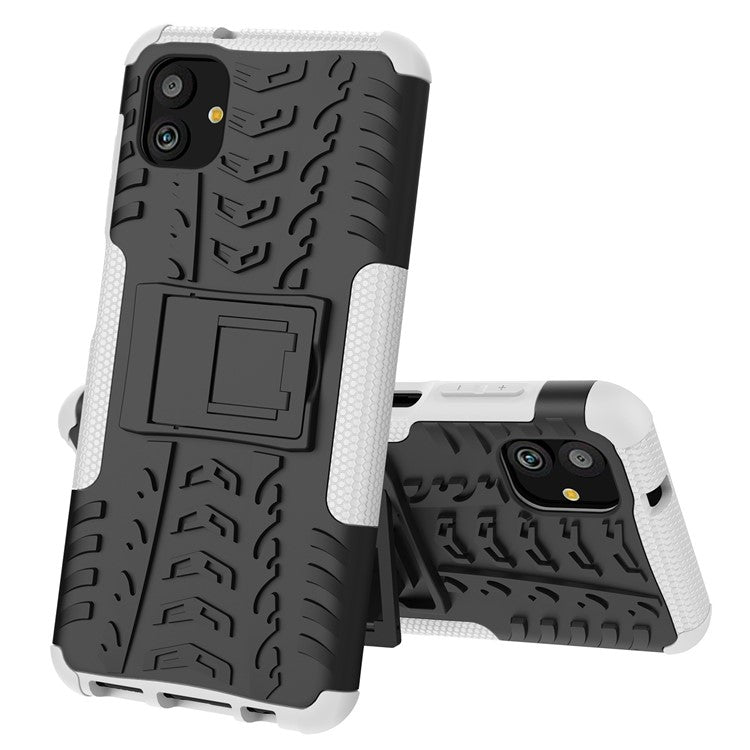 For Samsung Galaxy A04 4G (164.4 x 76.3 x 9.1 mm) / M13 5G PC+TPU Shockproof Phone Case Cool Tyre Pattern Kickstand Protective Cover - White
