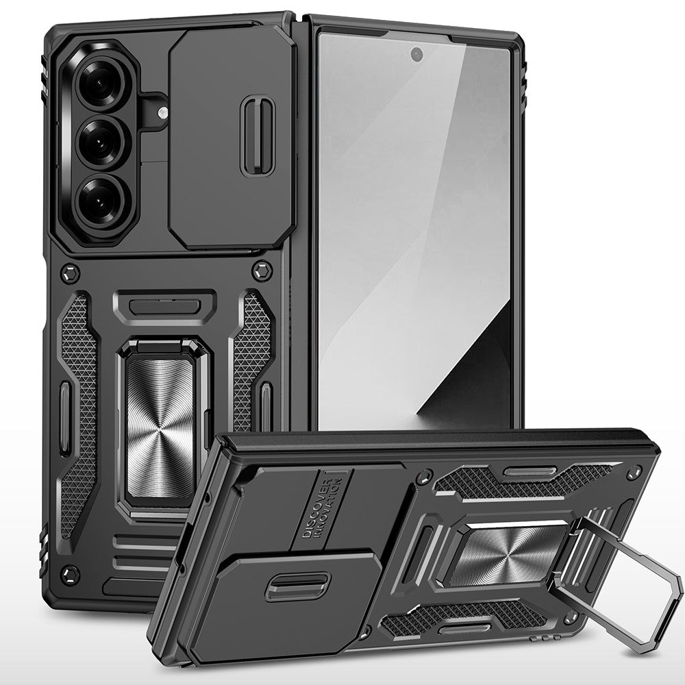 For Samsung Galaxy Z Fold7 5G Case Kickstand Slide Lens Lid PC + TPU Drop - Black