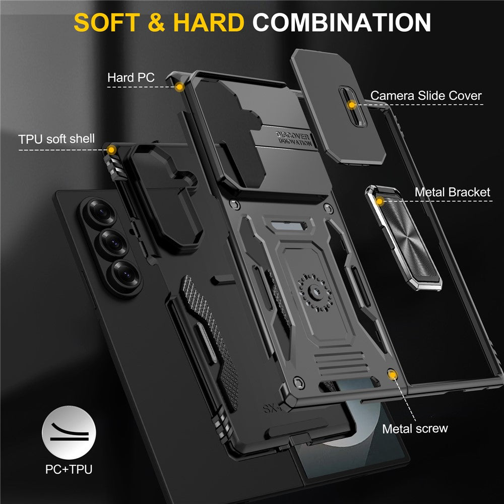 For Samsung Galaxy Z Fold7 5G Case Kickstand Slide Lens Lid PC + TPU Drop - Black