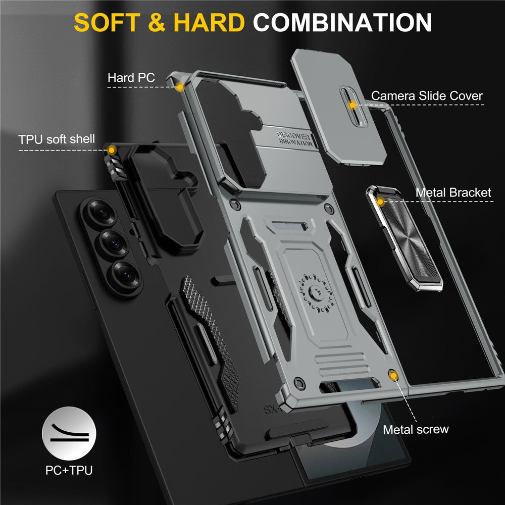 For Samsung Galaxy Z Fold7 5G Case Kickstand Slide Lens Lid PC + TPU Drop - Grey