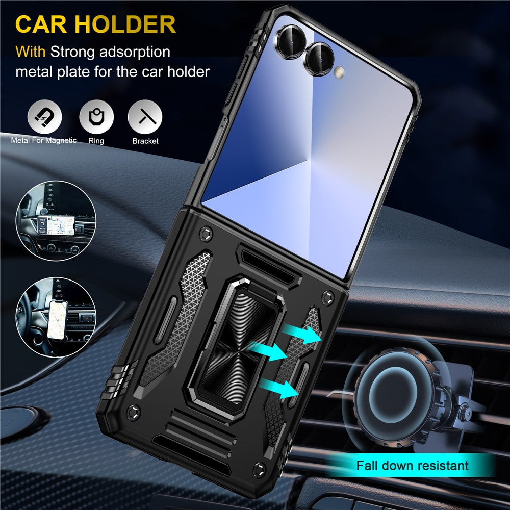For Samsung Galaxy Z Flip7 5G Case Kickstand Slide Lens Lid PC + TPU Drop - Black