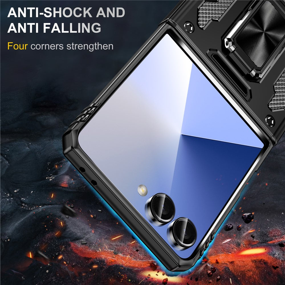 For Samsung Galaxy Z Flip7 5G Case Kickstand Slide Lens Lid PC + TPU Drop - Black