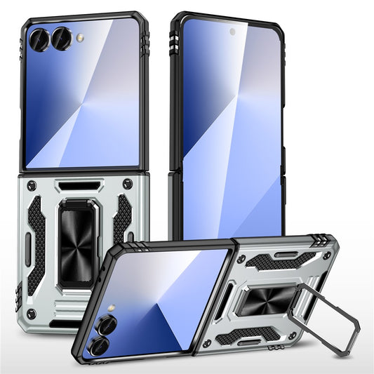 For Samsung Galaxy Z Flip7 5G Case Kickstand Slide Lens Lid PC + TPU Drop - Grey
