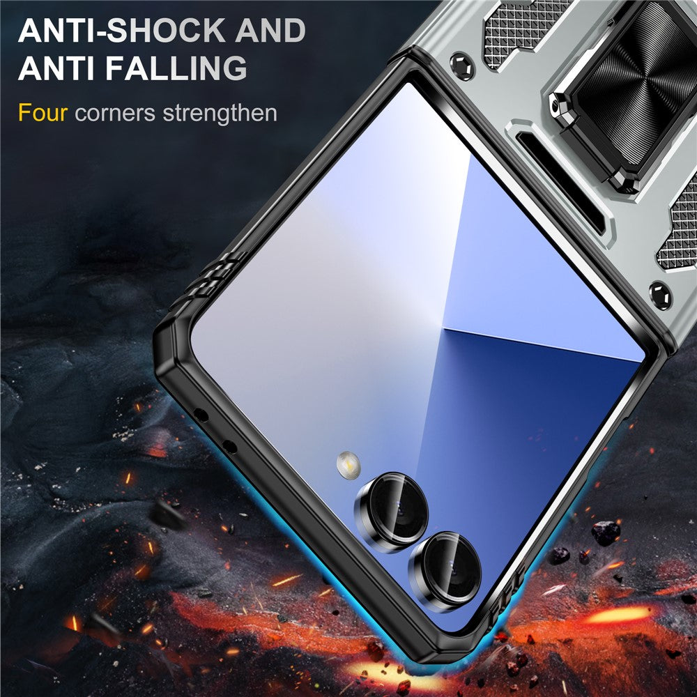 For Samsung Galaxy Z Flip7 5G Case Kickstand Slide Lens Lid PC + TPU Drop - Grey