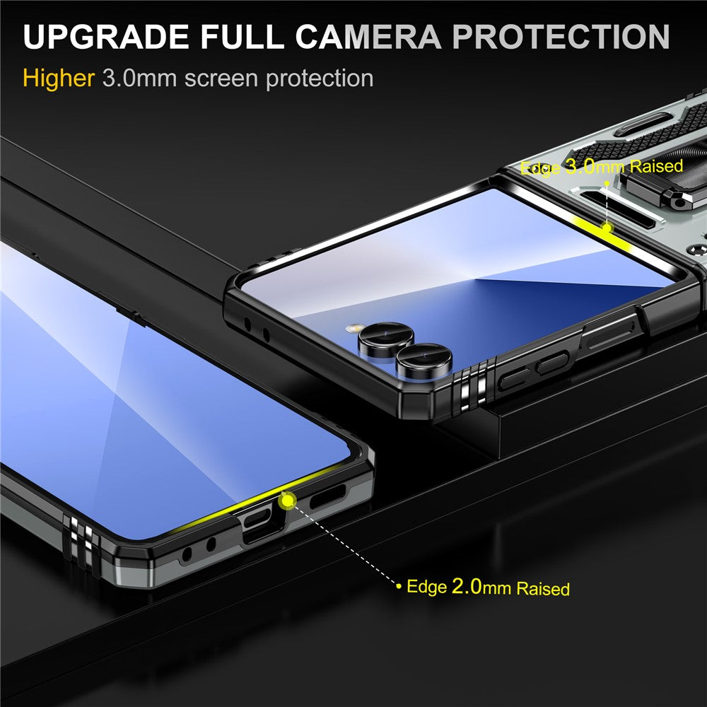 For Samsung Galaxy Z Flip7 5G Case Kickstand Slide Lens Lid PC + TPU Drop - Grey