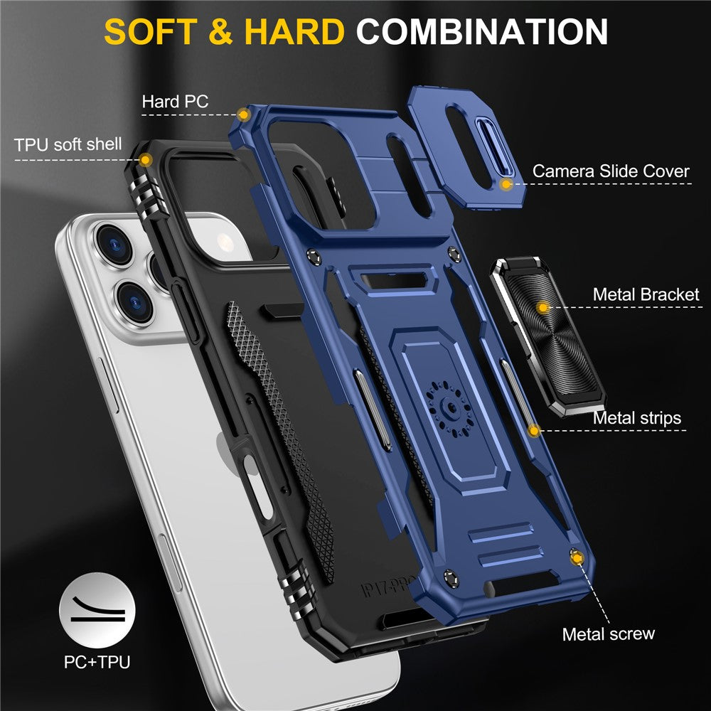 For iPhone 17 Pro Max Case Kickstand Slide Lens Lid PC + TPU Drop - Navy Blue