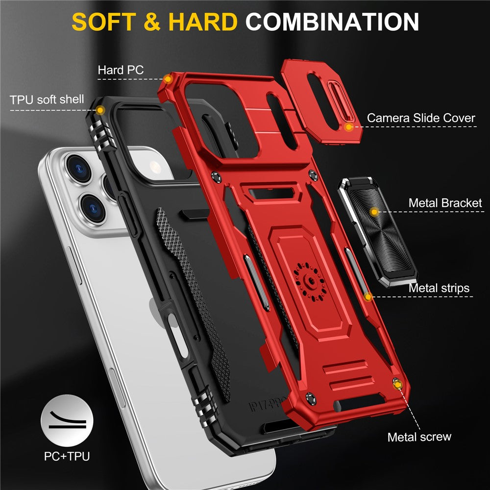For iPhone 17 Pro Max Case Kickstand Slide Lens Lid PC + TPU Drop - Red