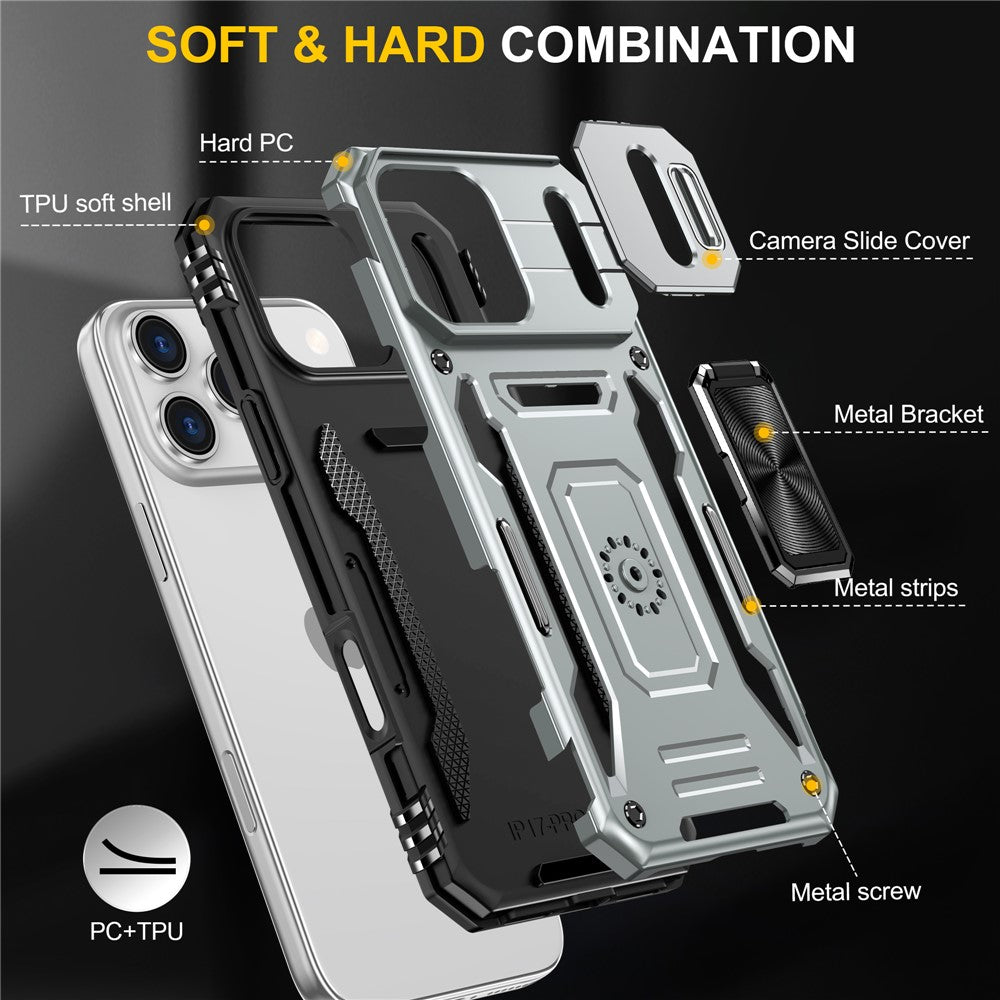 For iPhone 17 Pro Max Case Kickstand Slide Lens Lid PC + TPU Drop - Grey