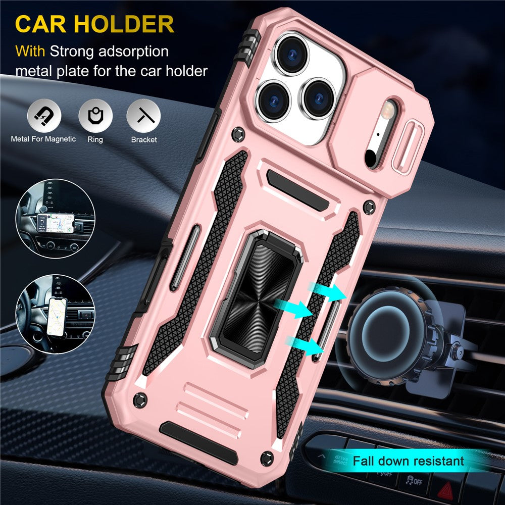 For iPhone 17 Pro Max Case Kickstand Slide Lens Lid PC + TPU Drop - Rose Gold