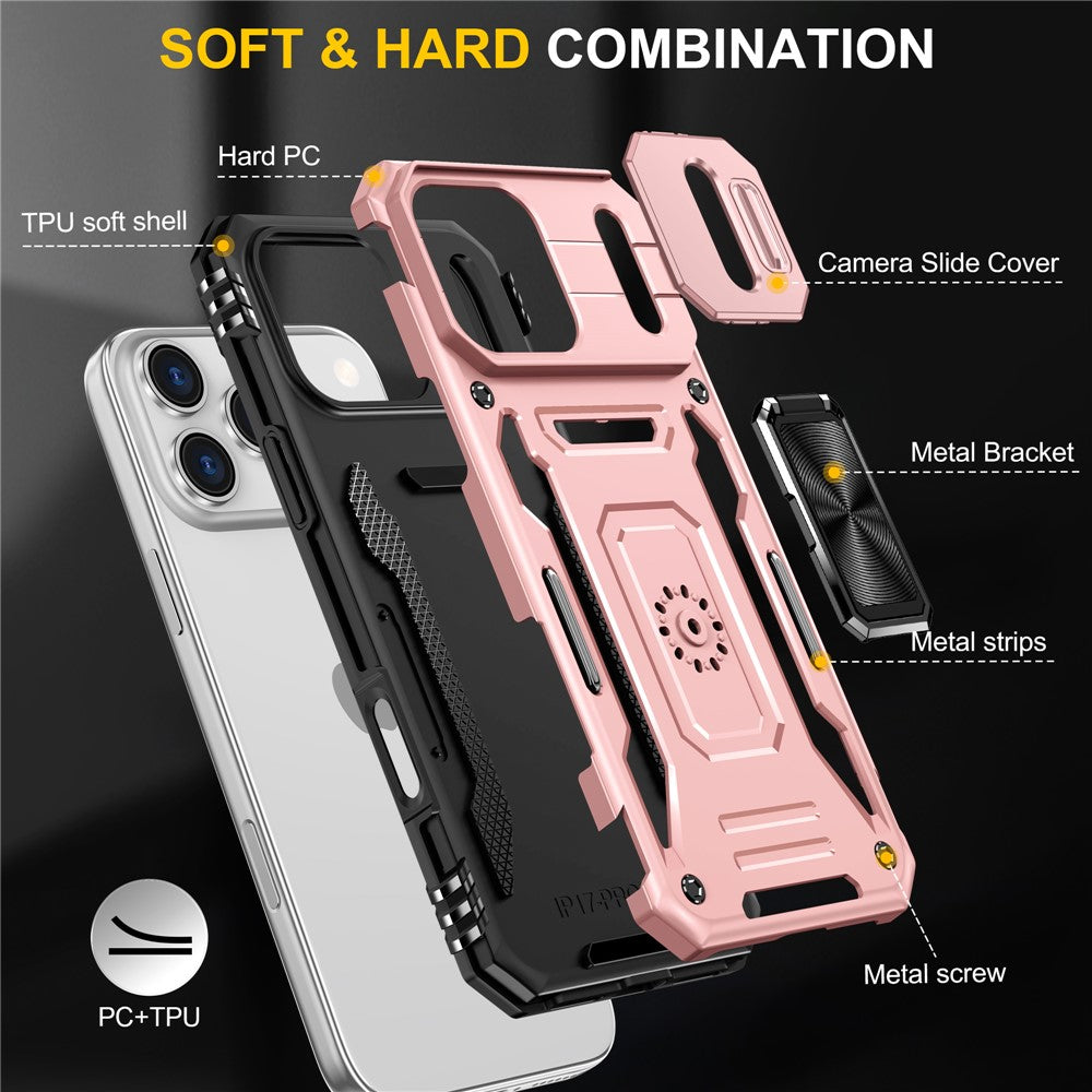 For iPhone 17 Pro Max Case Kickstand Slide Lens Lid PC + TPU Drop - Rose Gold