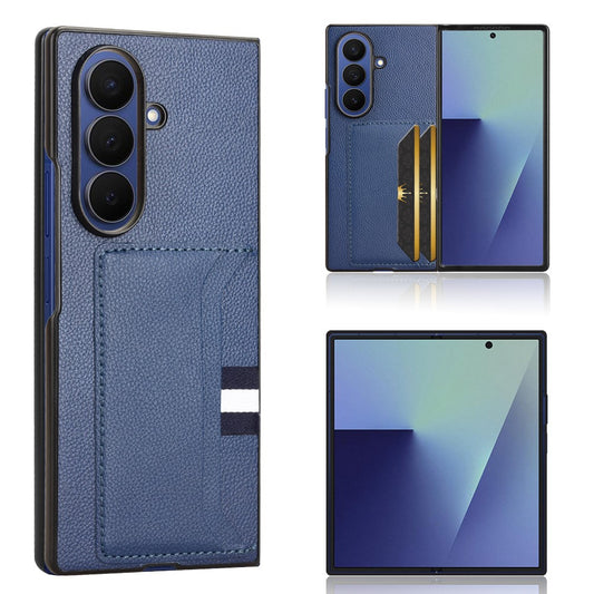 For Samsung Galaxy Z Fold7 5G Case Card Holder Litchi Texture Leather + PC Phone Cover - Blue