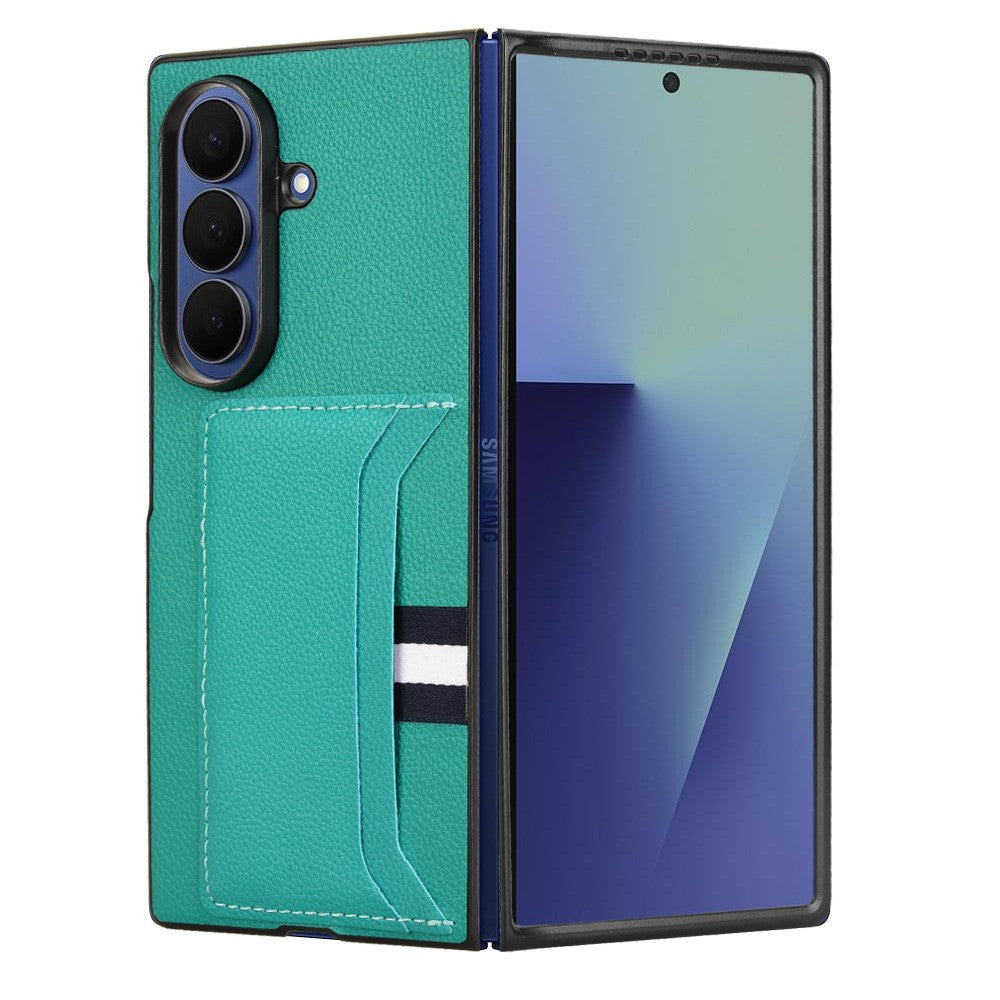 For Samsung Galaxy Z Fold7 5G Case Card Holder Litchi Texture Leather + PC Phone Cover - Green