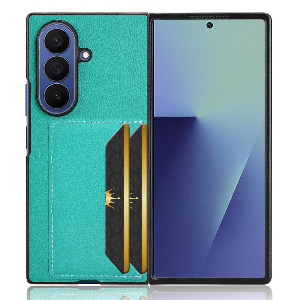For Samsung Galaxy Z Fold7 5G Case Card Holder Litchi Texture Leather + PC Phone Cover - Green