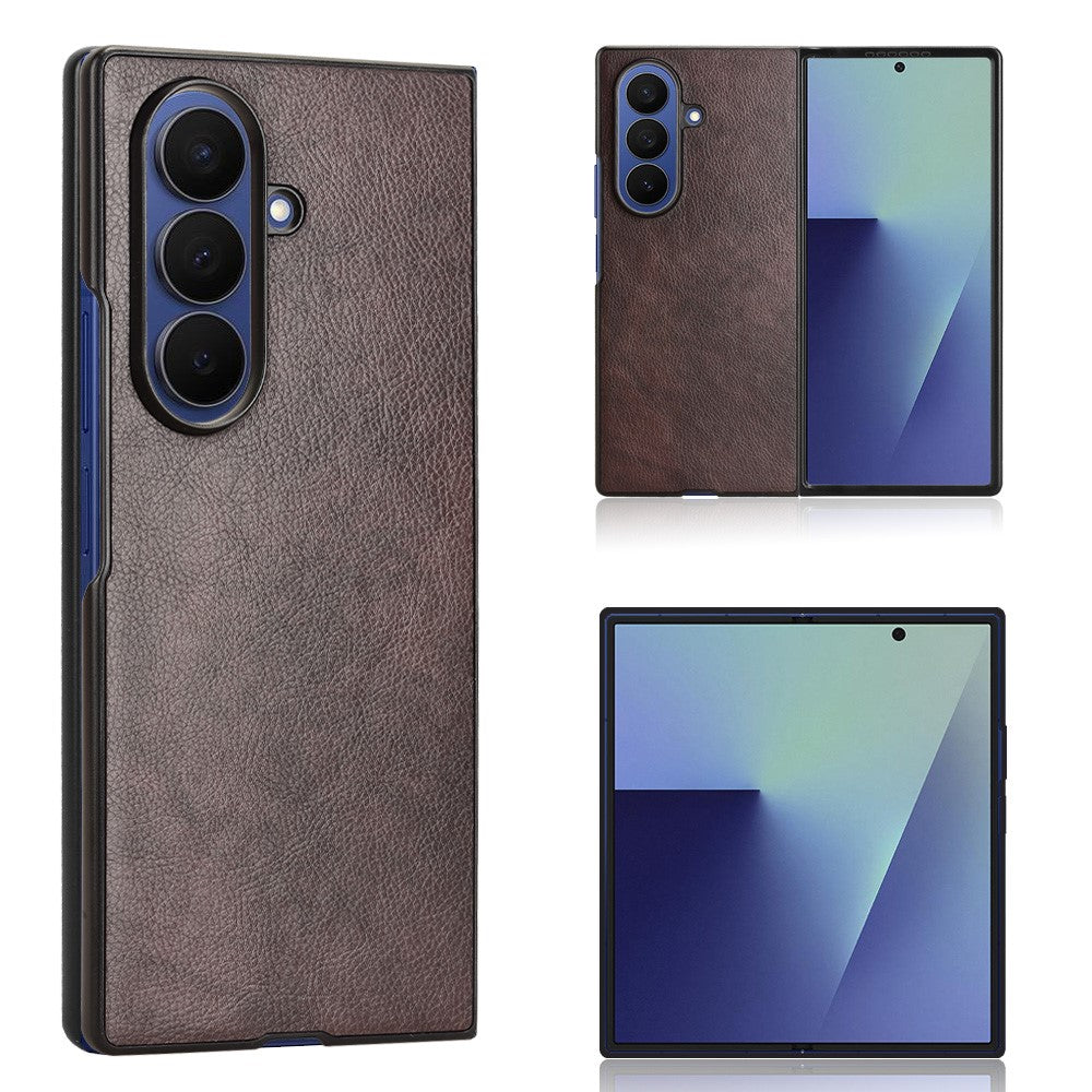 For Samsung Galaxy Z Fold7 5G Case Litchi Texture PU Leather + PC Phone Cover - Brown