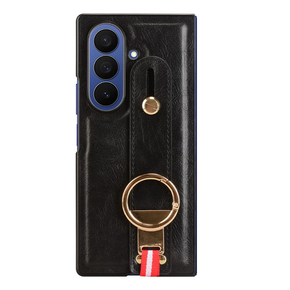 For Samsung Galaxy Z Fold7 5G Case Wristband Kickstand Leather + PC + TPU Phone Cover with Bottle Opener - Black