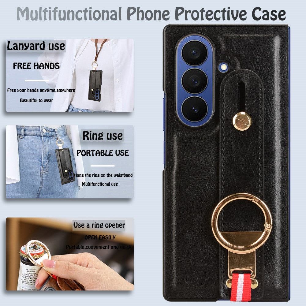 For Samsung Galaxy Z Fold7 5G Case Wristband Kickstand Leather + PC + TPU Phone Cover with Bottle Opener - Black