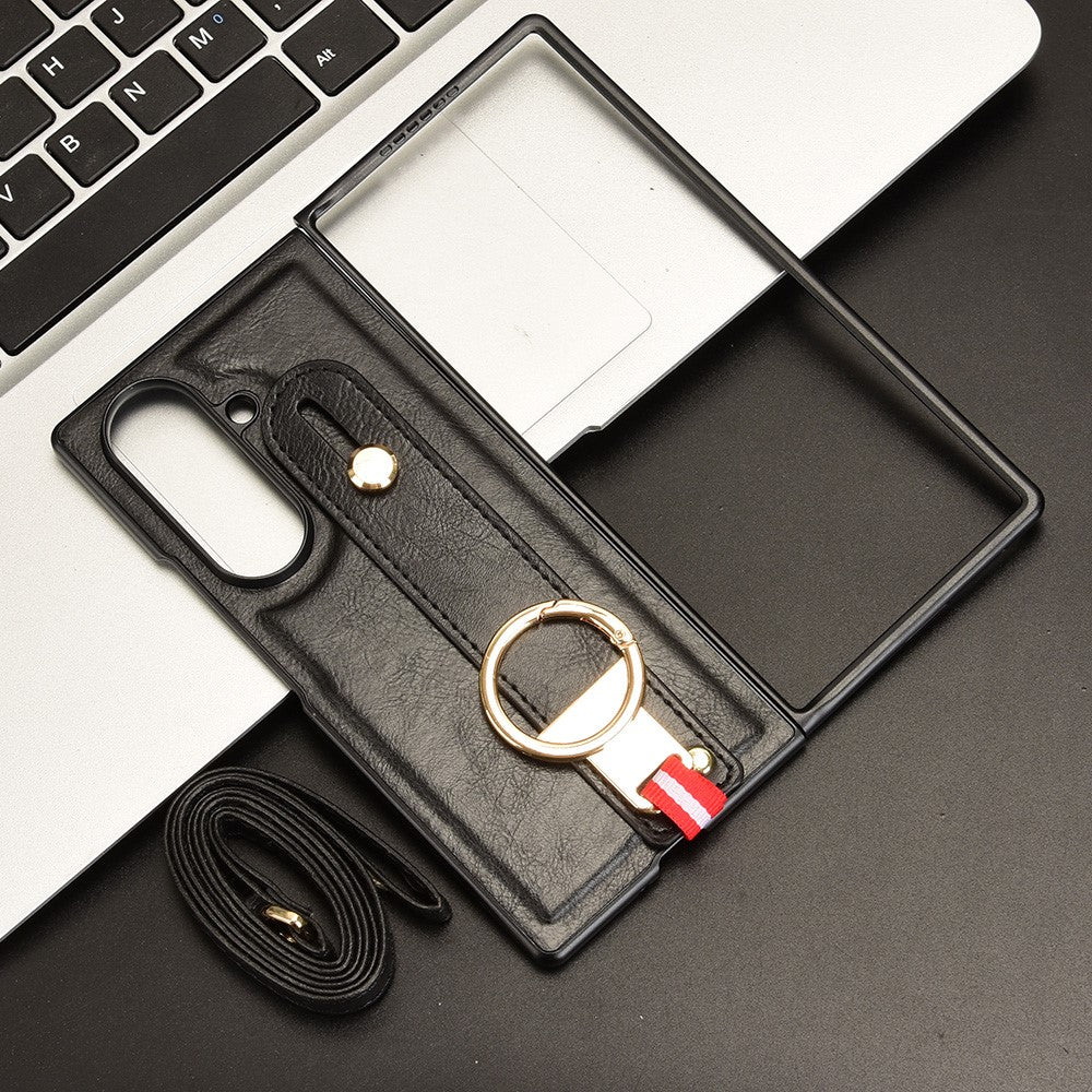 For Samsung Galaxy Z Fold7 5G Case Wristband Kickstand Leather + PC + TPU Phone Cover with Bottle Opener - Black