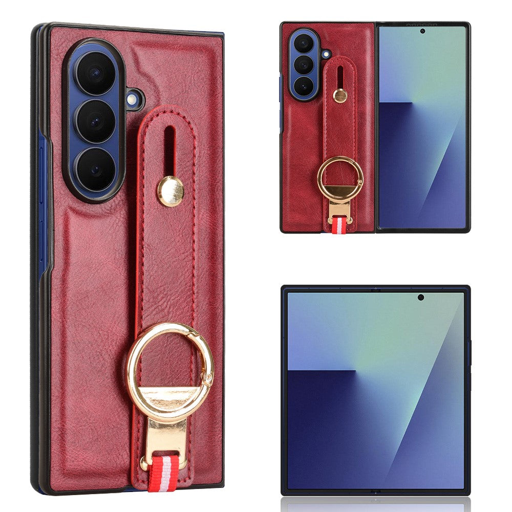 For Samsung Galaxy Z Fold7 5G Case Wristband Kickstand Leather + PC + TPU Phone Cover with Bottle Opener - Red