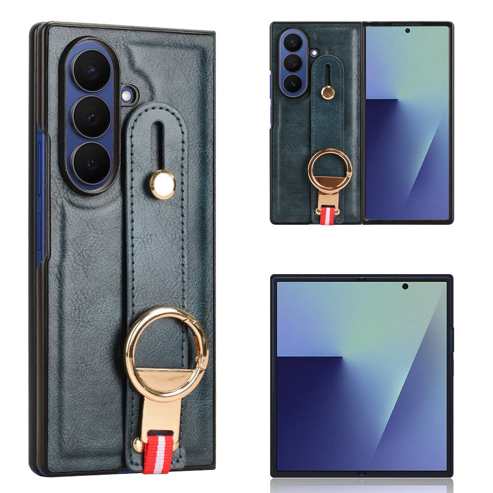 For Samsung Galaxy Z Fold7 5G Case Wristband Kickstand Leather + PC + TPU Phone Cover with Bottle Opener - Blue