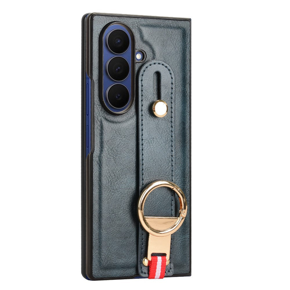 For Samsung Galaxy Z Fold7 5G Case Wristband Kickstand Leather + PC + TPU Phone Cover with Bottle Opener - Blue