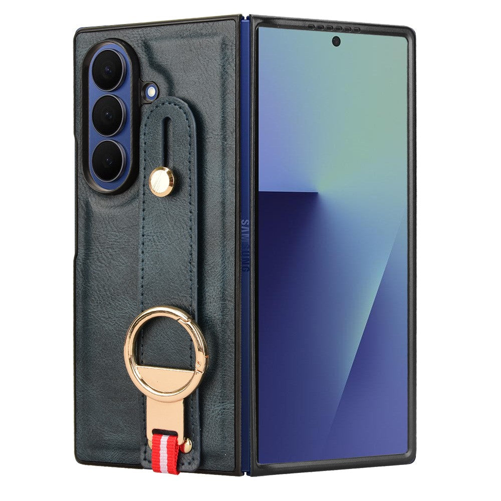 For Samsung Galaxy Z Fold7 5G Case Wristband Kickstand Leather + PC + TPU Phone Cover with Bottle Opener - Blue