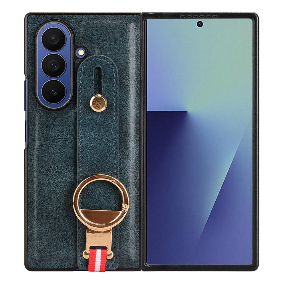 For Samsung Galaxy Z Fold7 5G Case Wristband Kickstand Leather + PC + TPU Phone Cover with Bottle Opener - Blue