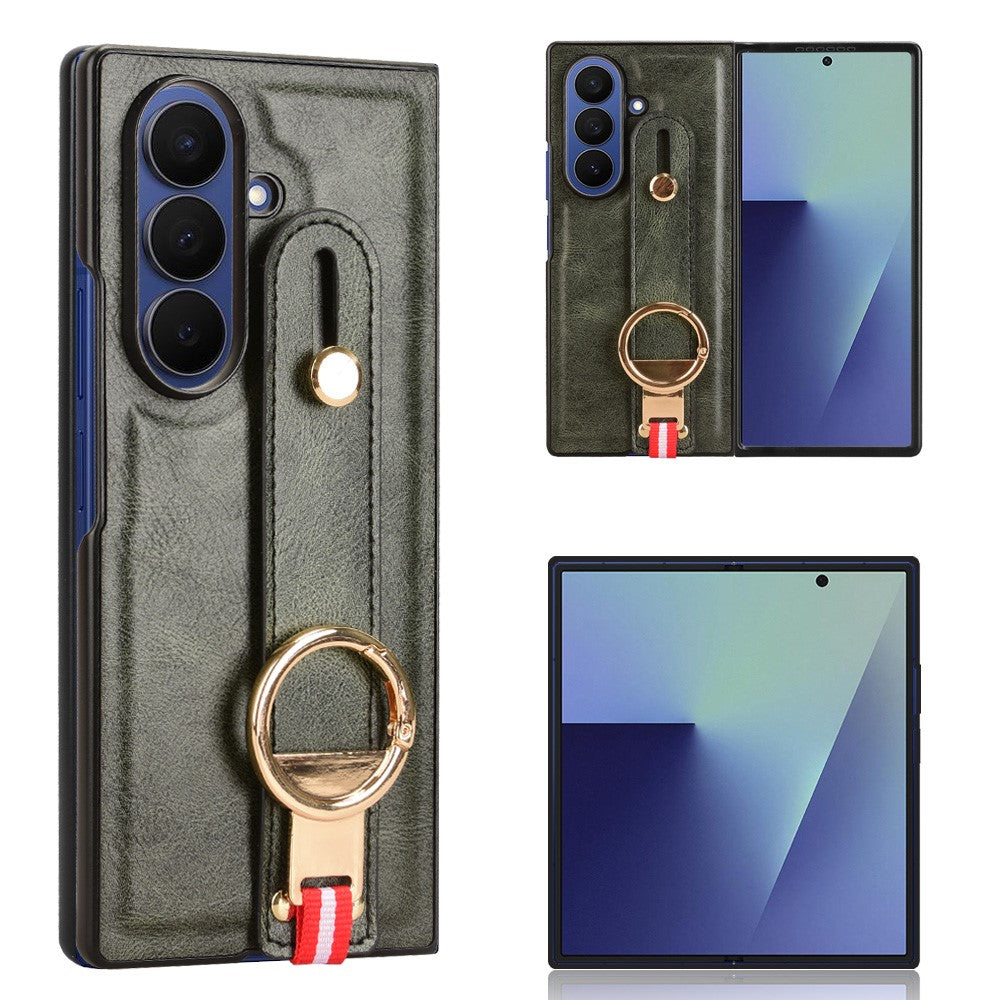For Samsung Galaxy Z Fold7 5G Case Wristband Kickstand Leather + PC + TPU Phone Cover with Bottle Opener - Green