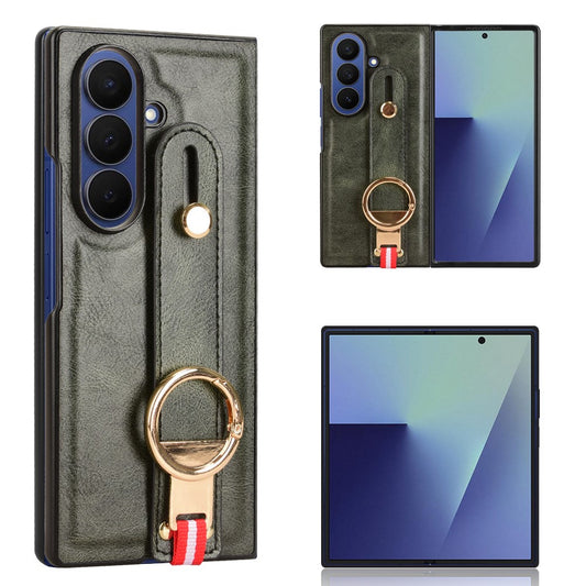 For Samsung Galaxy Z Fold7 5G Case Wristband Kickstand Leather + PC + TPU Phone Cover with Bottle Opener - Green