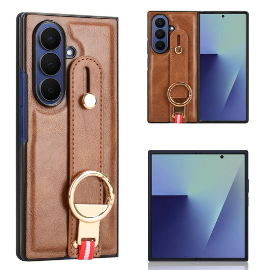 For Samsung Galaxy Z Fold7 5G Case Wristband Kickstand Leather + PC + TPU Phone Cover with Bottle Opener - Brown