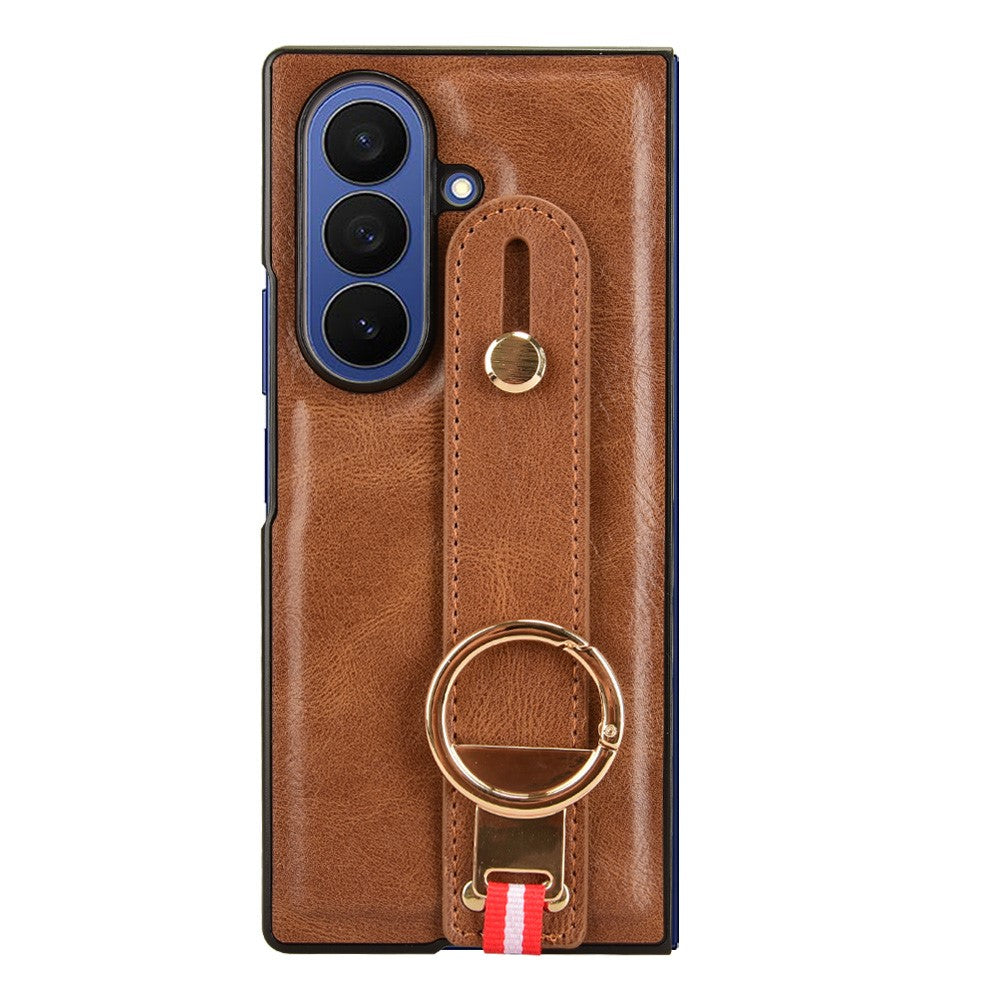 For Samsung Galaxy Z Fold7 5G Case Wristband Kickstand Leather + PC + TPU Phone Cover with Bottle Opener - Brown