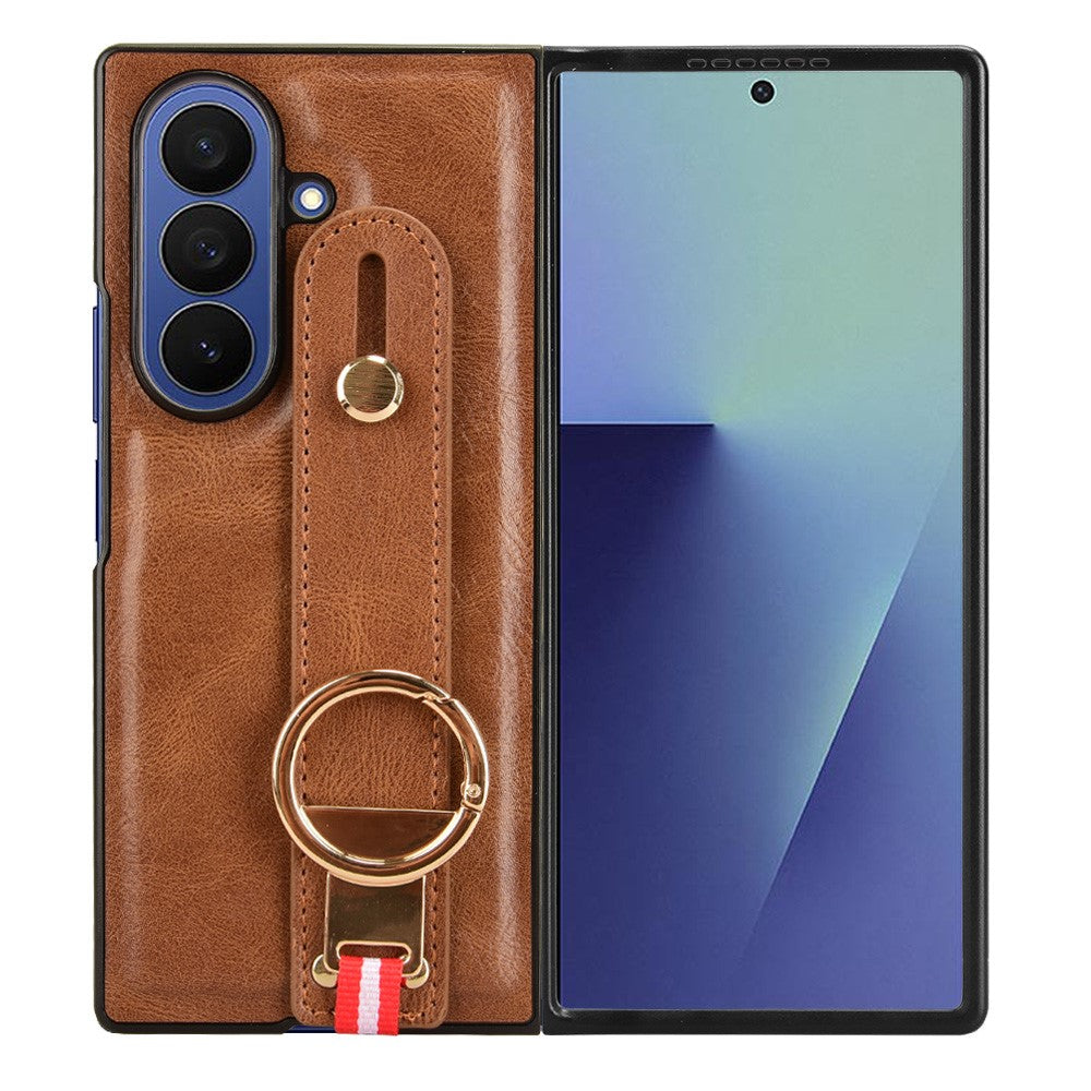 For Samsung Galaxy Z Fold7 5G Case Wristband Kickstand Leather + PC + TPU Phone Cover with Bottle Opener - Brown