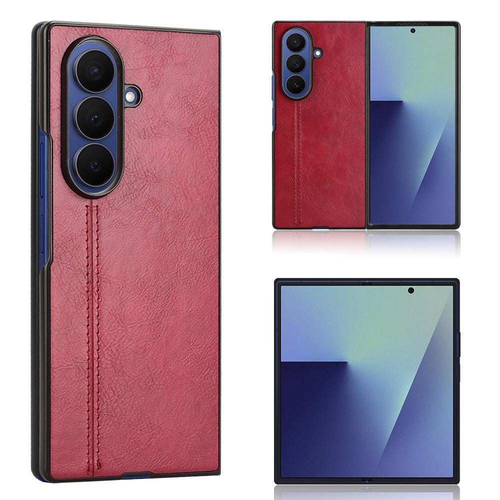 For Samsung Galaxy Z Fold7 5G Case Stitching Line PU Leather Coated PC Phone Cover - Red