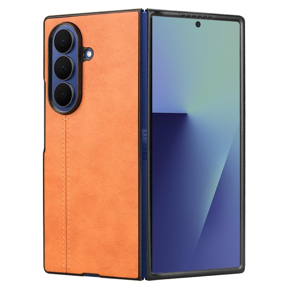 For Samsung Galaxy Z Fold7 5G Case Stitching Line PU Leather Coated PC Phone Cover - Orange