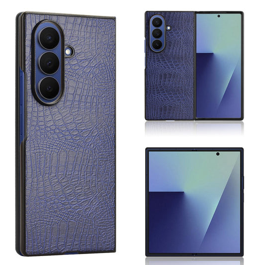 For Samsung Galaxy Z Fold7 5G Case Crocodile Texture Leather Coated Hard PC Phone Cover - Blue