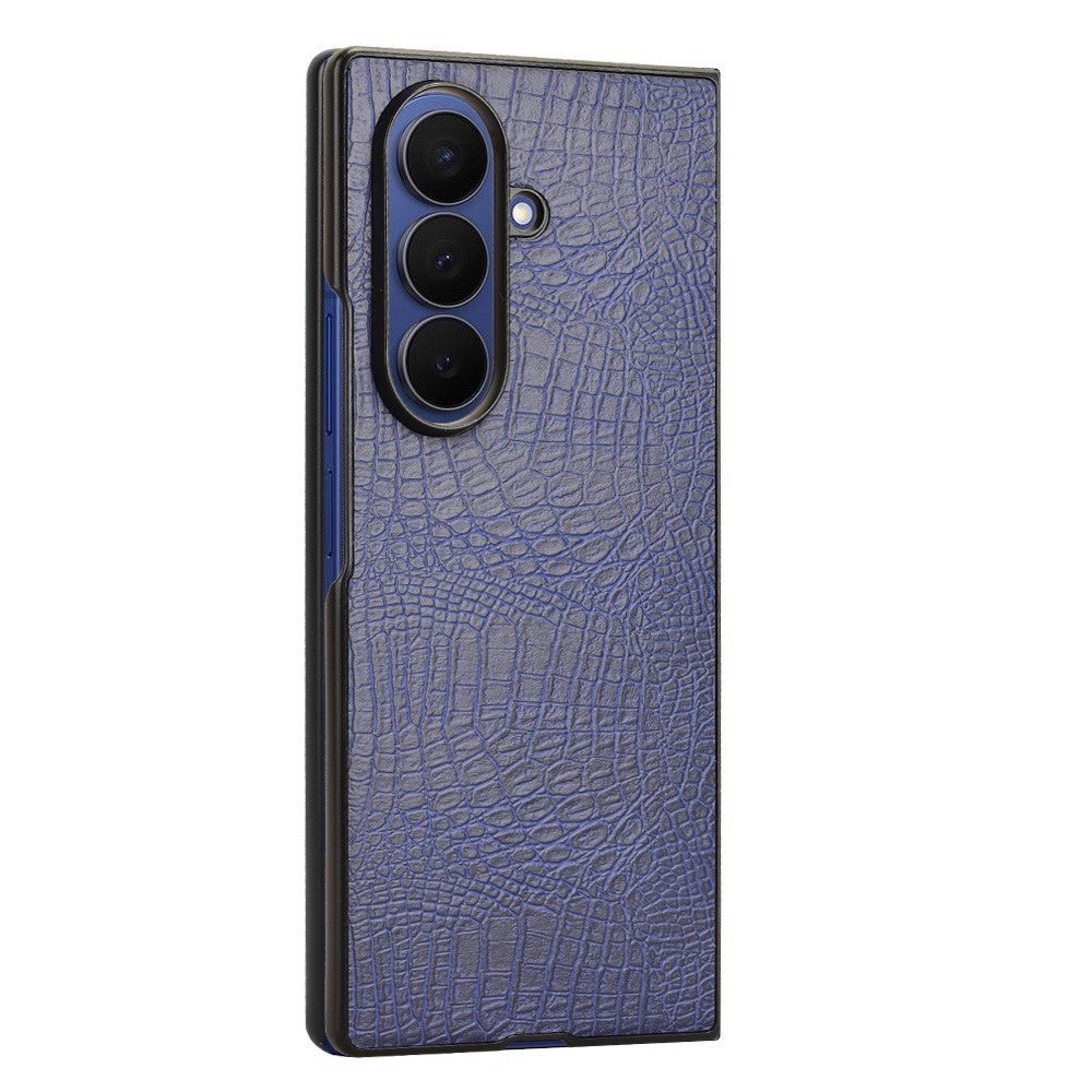 For Samsung Galaxy Z Fold7 5G Case Crocodile Texture Leather Coated Hard PC Phone Cover - Blue