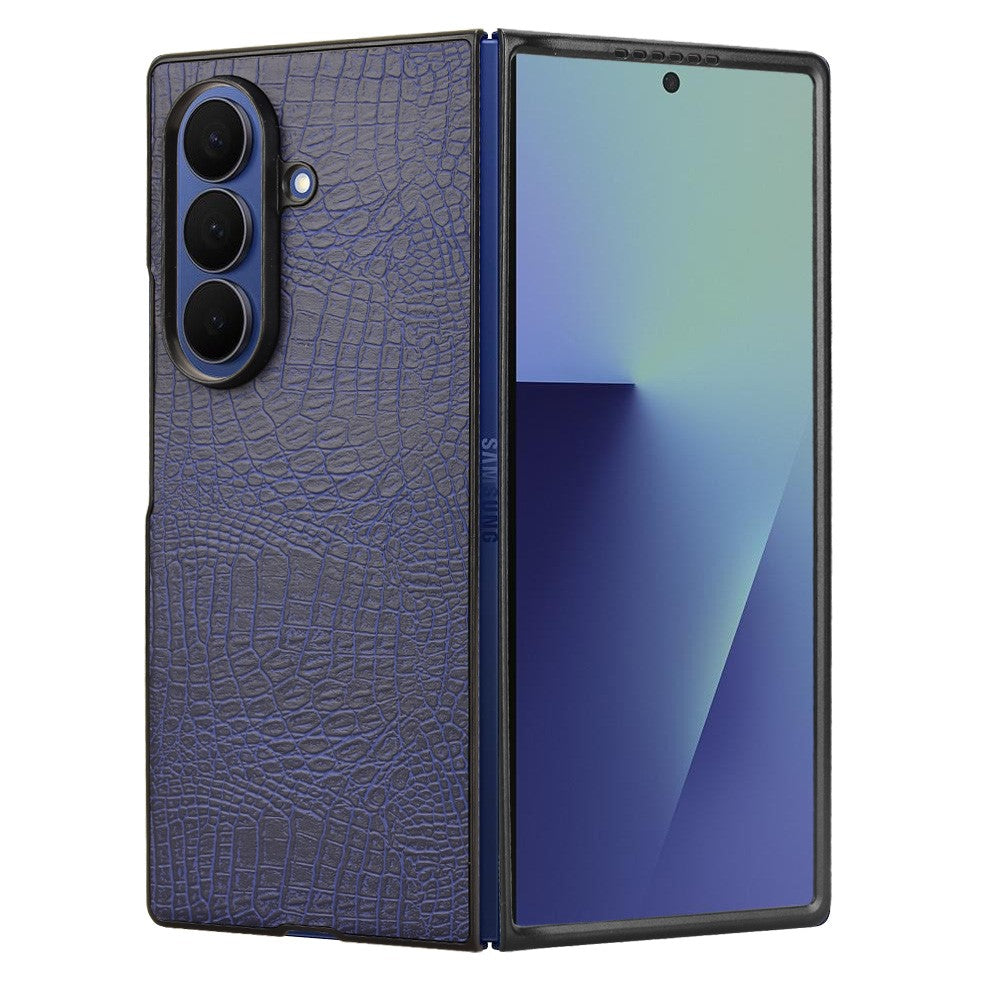 For Samsung Galaxy Z Fold7 5G Case Crocodile Texture Leather Coated Hard PC Phone Cover - Blue